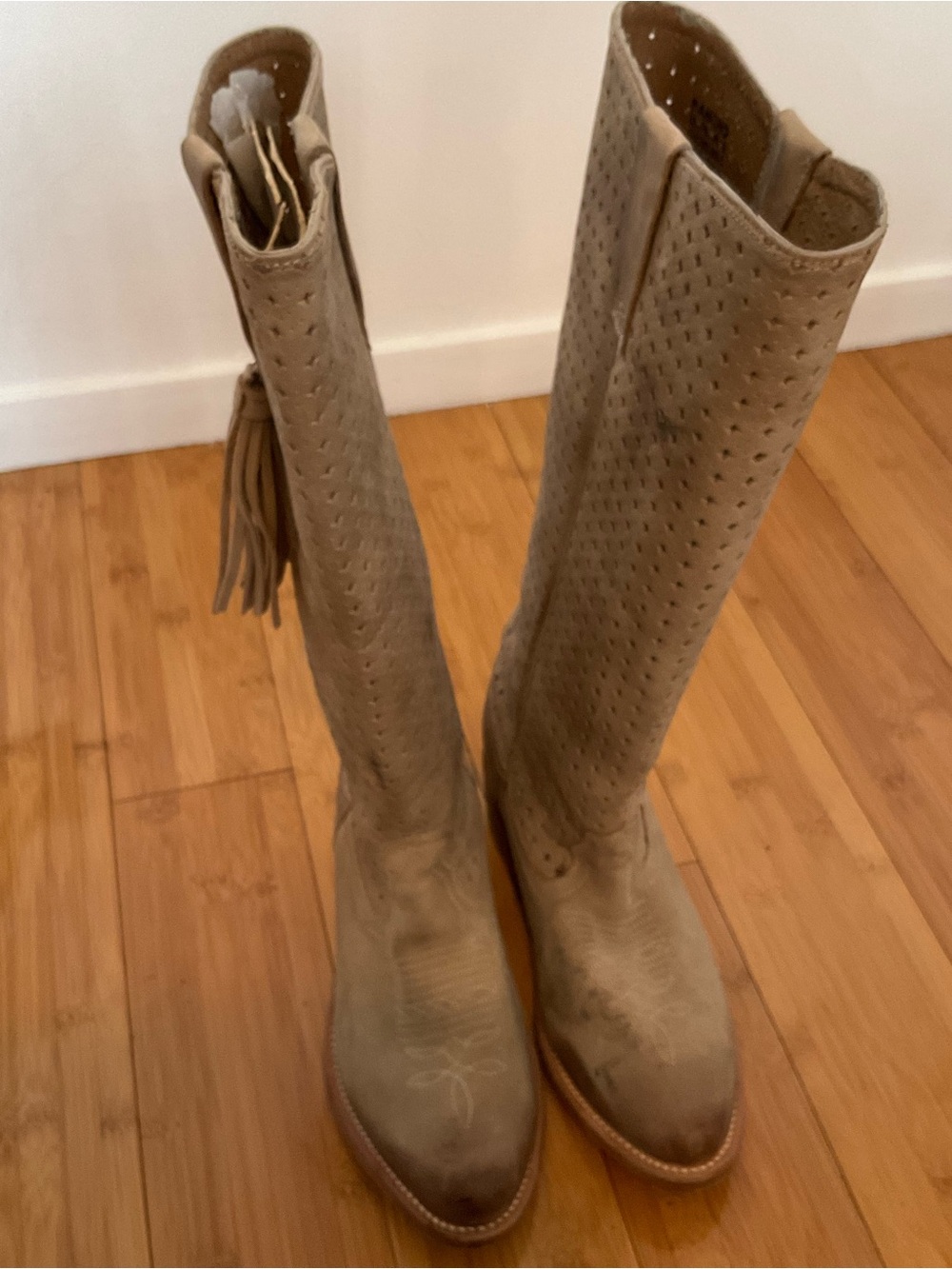 Miss Sixty Taupe Perforated Over-the-Knee Suede Boots with Tassel - Picture 15 of 16